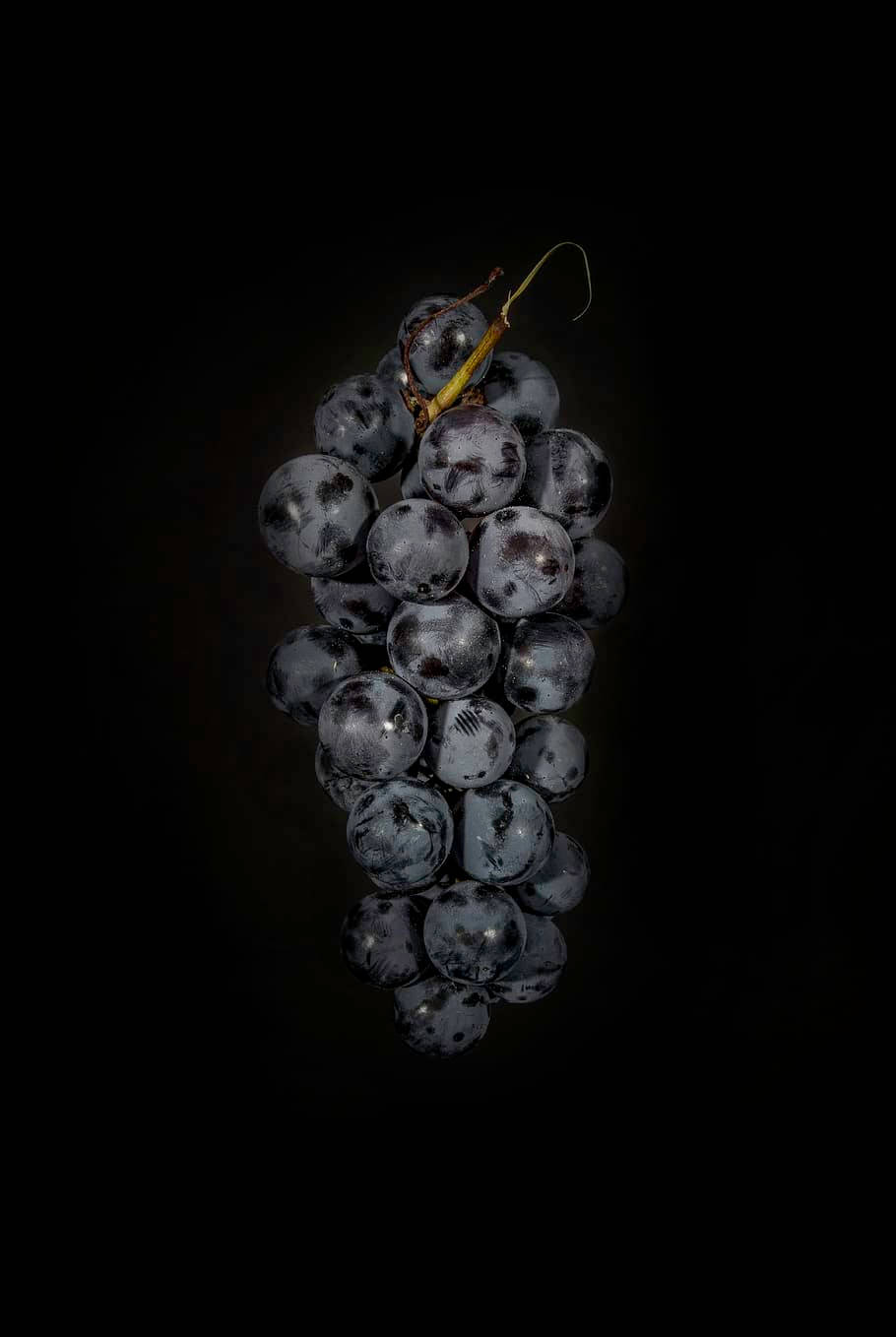 Grape 桌布 壁紙 — 一串深紫色葡萄帶著露珠，在純黑背景下閃閃發光。