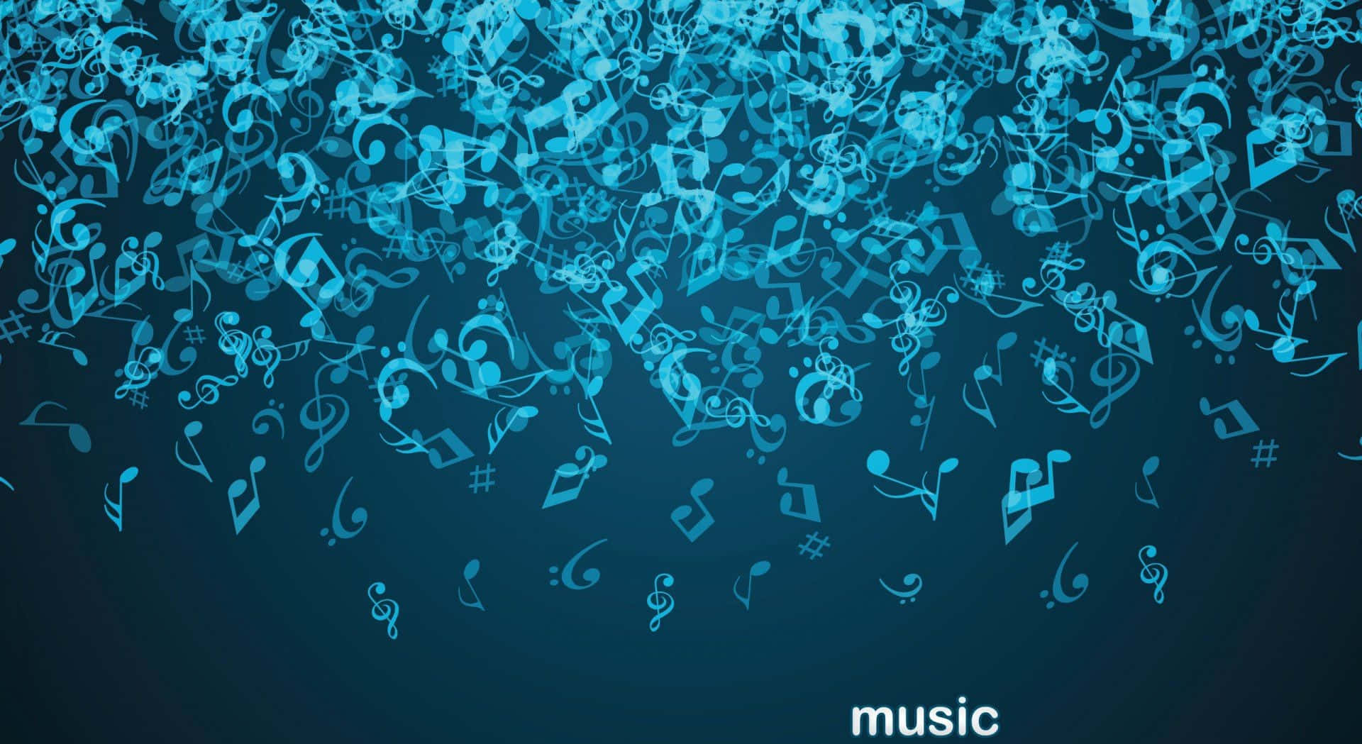Musical 桌布 壁紙 — 一串發光的藍色音符和符號在深藍色漸層背景上向下飄落。