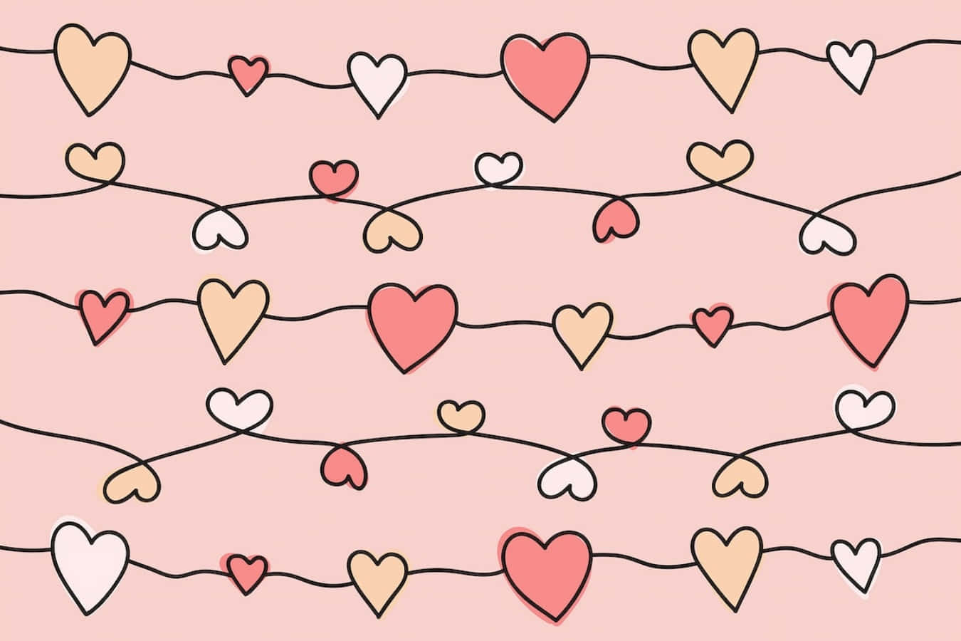 Heart Doodle 桌布 壁紙 — 一串粉紅、米色和白色的粉彩愛心掛在柔和的粉紅背景上，形成有趣的圖案。