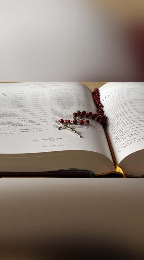 Sacrament 桌布 壁紙 — 一串紅色珠子的玫瑰經念珠放在一本打開的書上，書有金色邊飾和印刷文字，置於木質表面。