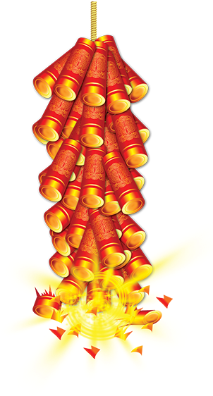 Firecracker 桌布 壁紙 — 一串紅色鞭炮懸掛並爆炸，在黑色背景上迸發出明亮的黃色火花。