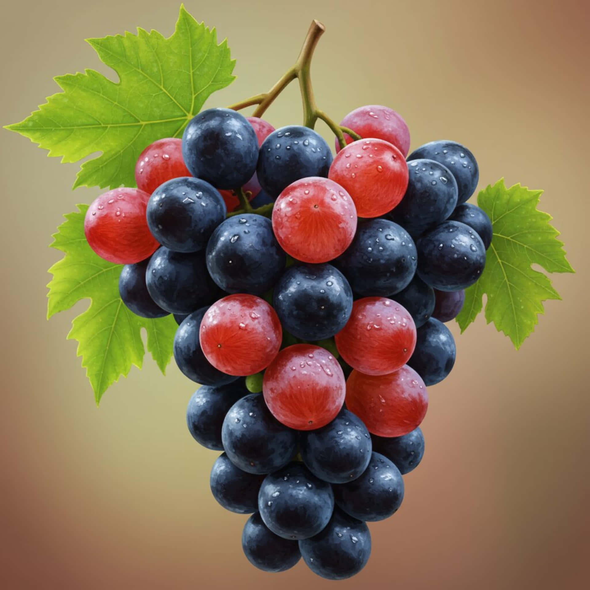 Grape 壁紙 — 一串茂盛的紅色和深藍色葡萄，在鮮綠的葉子旁閃爍著露珠。