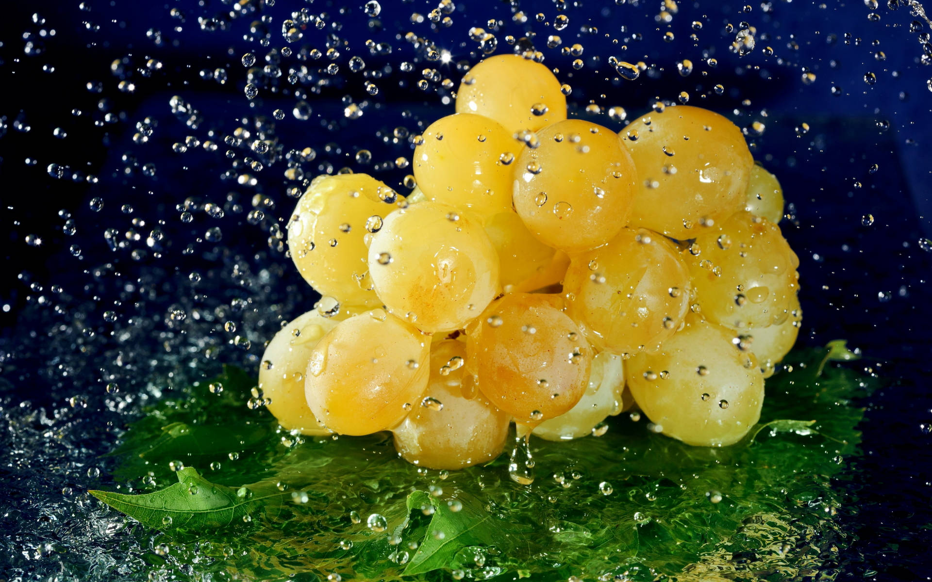 Grape 桌布 壁紙 — 一串金色葡萄在水中濺起水花，水滴懸浮在深藍色背景上。