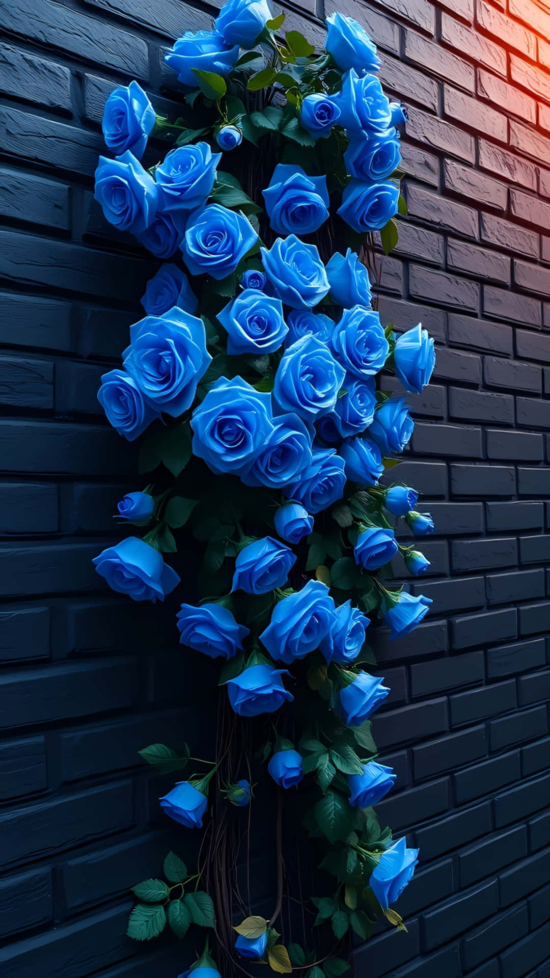 Glowing Blue Roses on Dark Brick Wall 壁紙 — 一串鮮豔的藍玫瑰與綠葉攀爬在溫暖環境光照亮的深色紋理磚牆上。