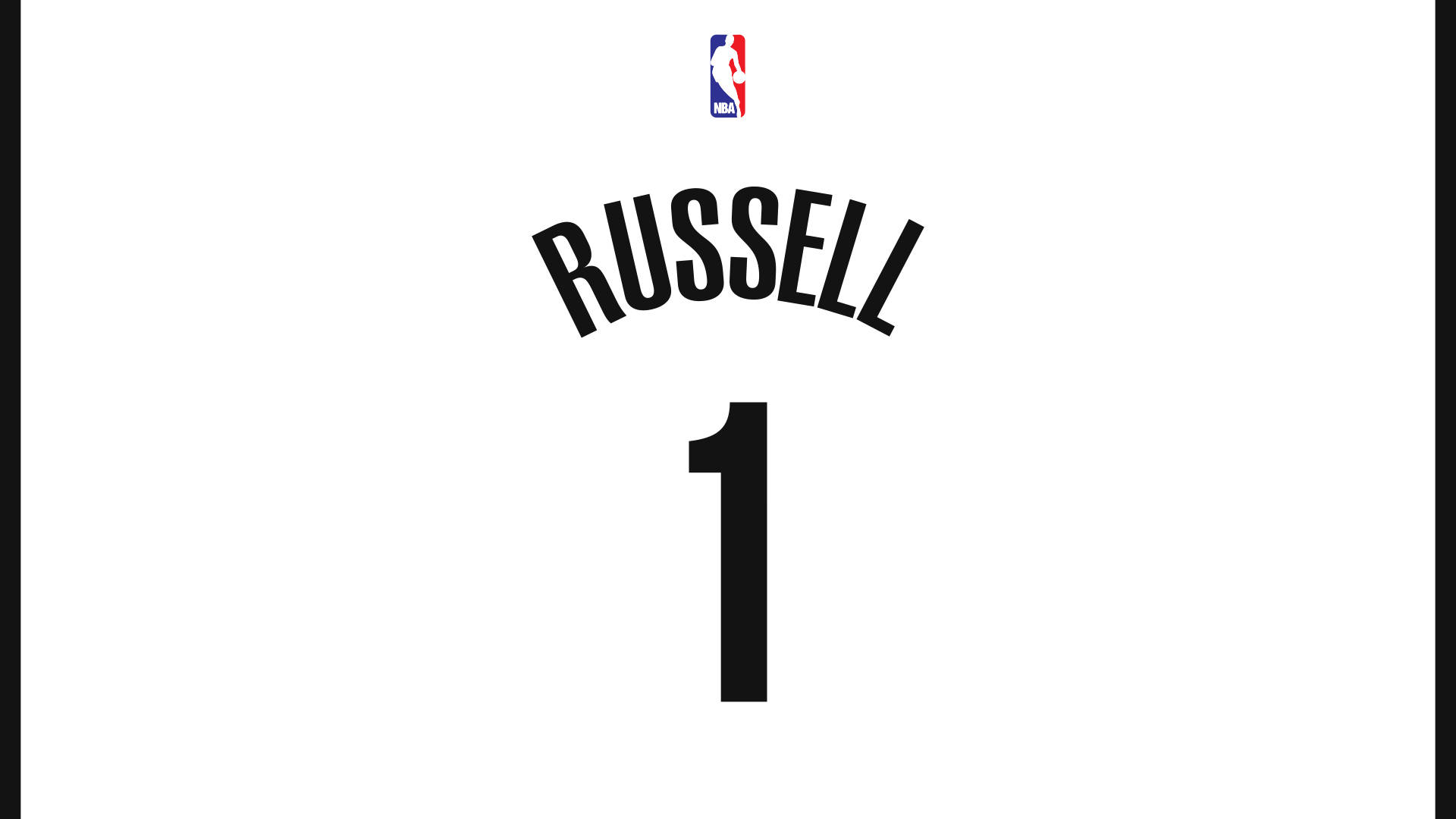 NBA 桌布 壁紙 — 一件乾淨的白色籃球球衣，黑色 'RUSSELL' 和號碼 '1' 突出印刷，上方有 NBA 標誌。