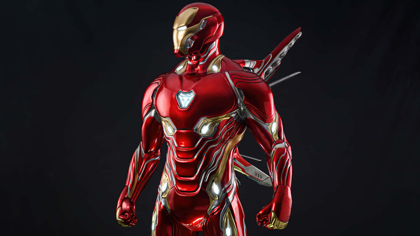 1366x768 Iron Man 桌布 壁紙 — 一件亮面紅色和金色的鋼鐵人戰衣在黑暗背景前擺好姿勢，斥力燈閃爍發光。