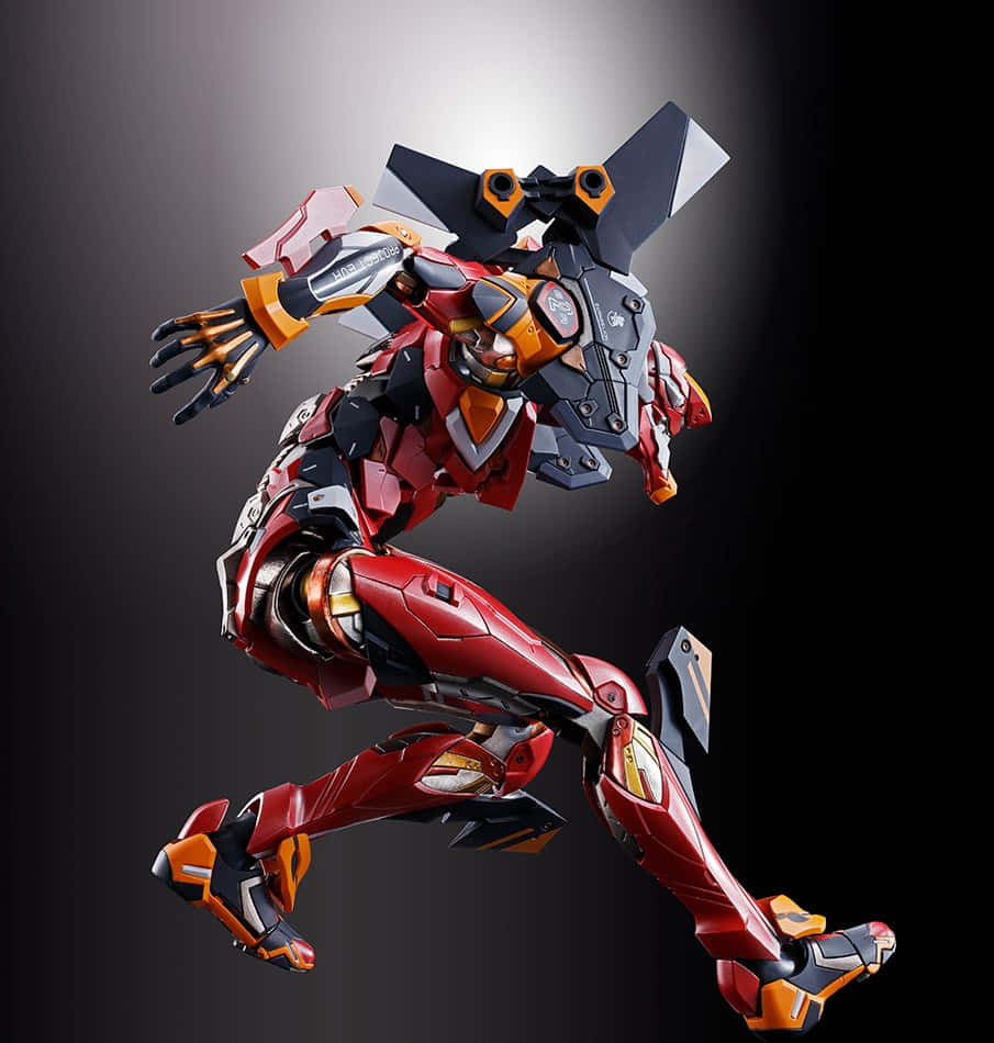 Eva-02 桌布 壁紙 — 一件充滿動感的紅色和橙色機甲服在半空中跳躍，背景為深色漸變，帶有戲劇性的聚光燈效果。