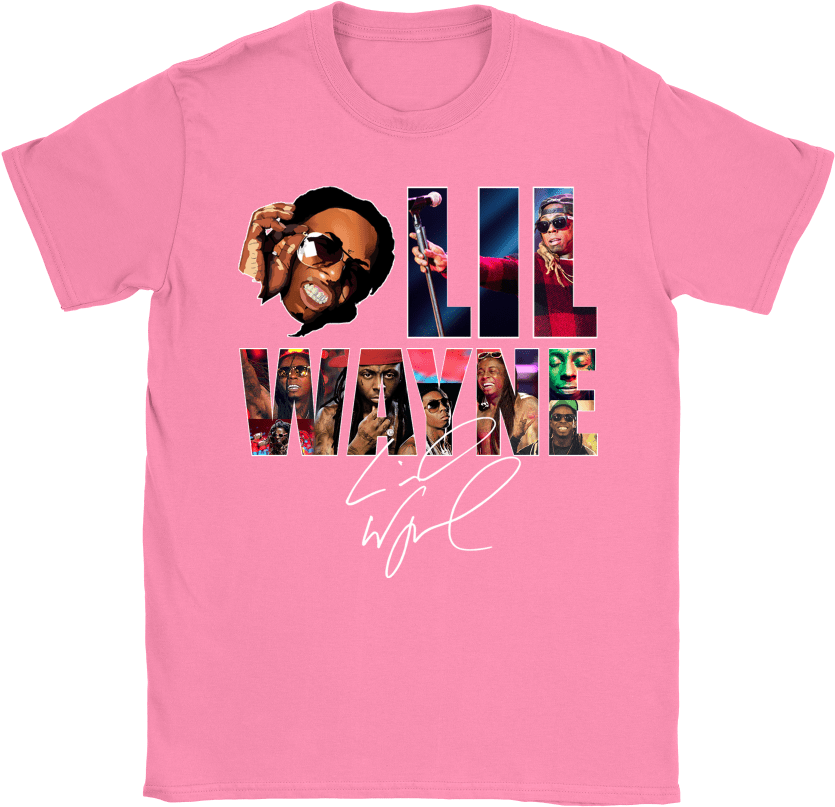 Clip Art 桌布 壁紙 — 一件充滿活力的粉紅色T恤上，Lil Wayne的標誌性圖像拼貼形成他的名字，下方有白色簽名。