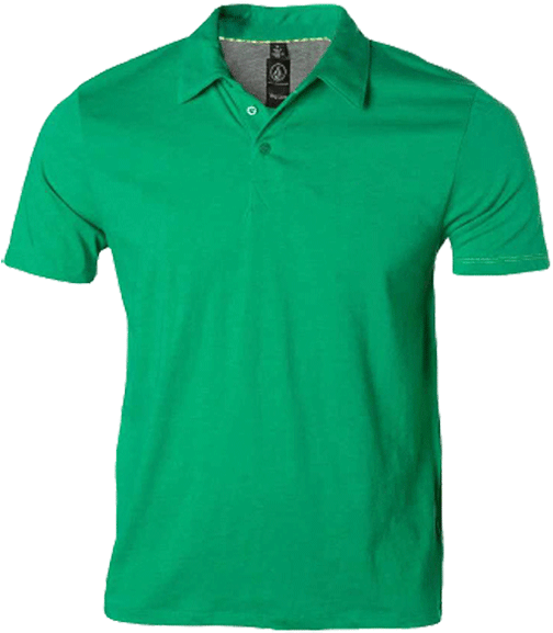 Polo 桌布 壁紙 — 一件充滿活力的綠色Polo衫，帶有對比色的灰色內領和黑色品牌標籤，展示在純黑色背景上。