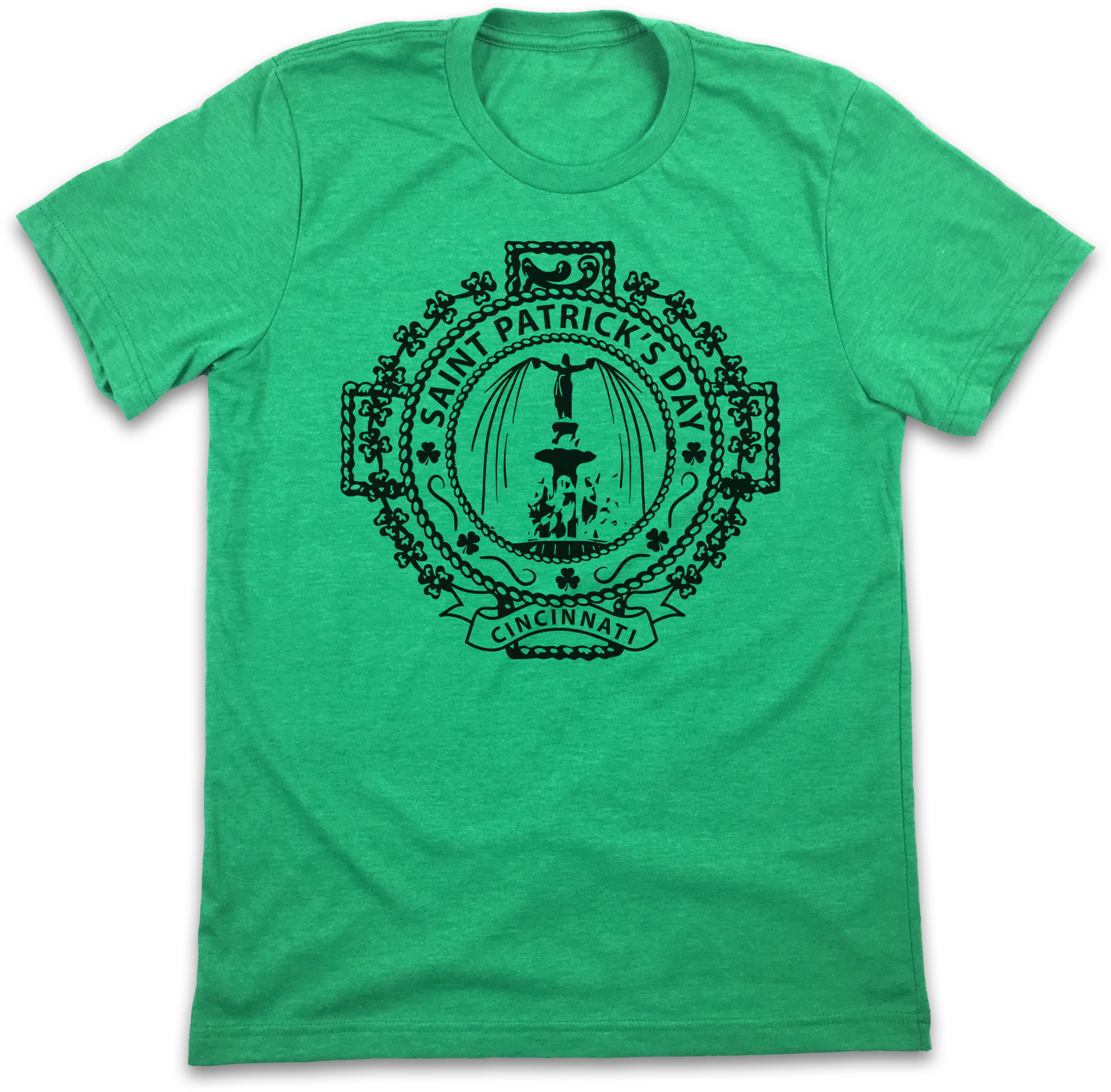 Saint Patricks Day 桌布 壁紙 — 一件充滿活力的綠色T恤上，在純黑背景中展示了一個帶有噴泉和三葉草的黑色聖派翠克節標誌。