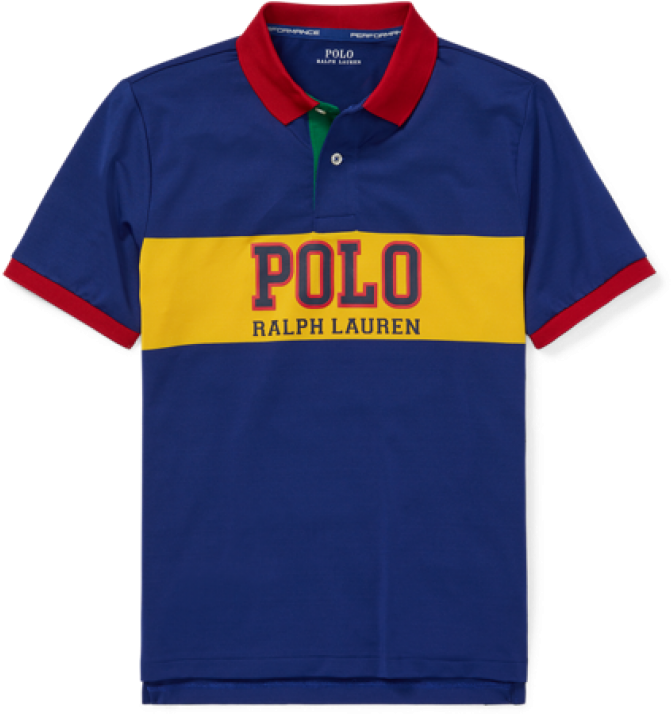 ralph lauren 桌布 壁紙 — 一件充滿活力的藍色Polo衫，配有紅色領口和袖口，胸前有一條大膽的黃色條紋，以紅色和黑色字體顯示品牌名稱。