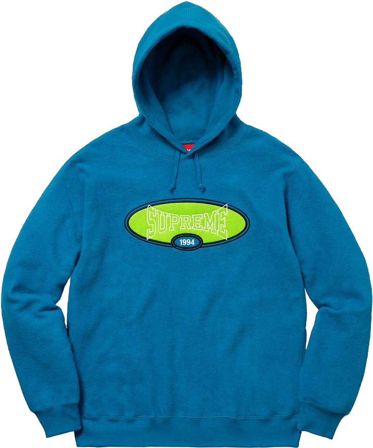supreme 桌布 壁紙 — 一件充滿活力的藍色連帽衫，胸前中央有霓虹綠色橢圓形Supreme標誌和1994文字，背景為黑色。