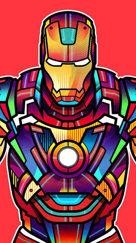 Iron Man Art 桌布 壁紙 — 一件充滿活力的風格化鋼鐵人戰衣，帶有彩虹漸變和粗線條輪廓，置於純紅色背景上。