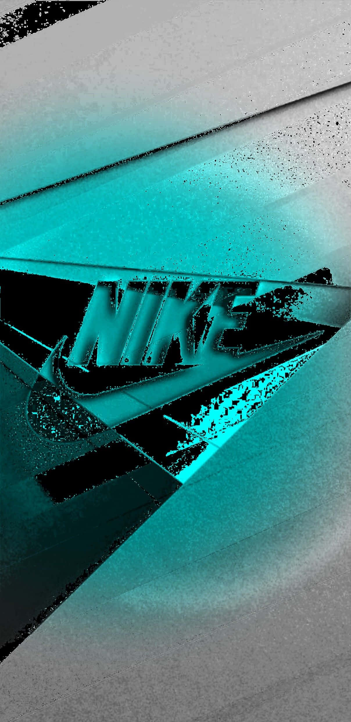 Blue Nike 桌布 壁紙 — 一件動態抽象數位藝術作品，以大膽的藍綠色和黑色Nike標誌以及破碎的幾何碎片為特色。