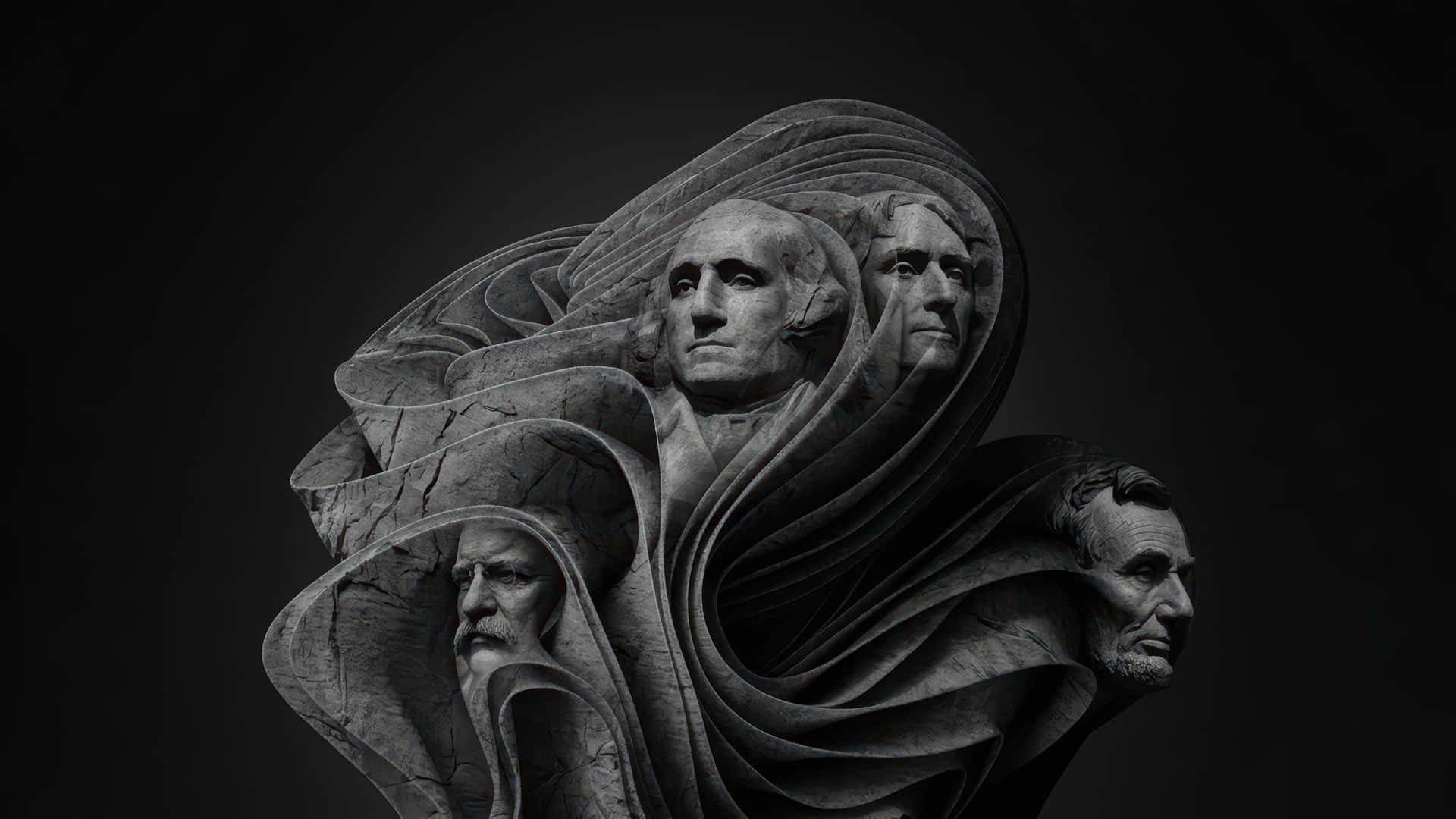 Mount Rushmore memorial bloom windows Modded Wallpaper For Desktop Enhancement for win11 壁紙 — 一件單色雕塑藝術品，描繪華盛頓、林肯和傑佛遜的石頭面孔交織在一起，從流動的帷幔中浮現，背景為深色。