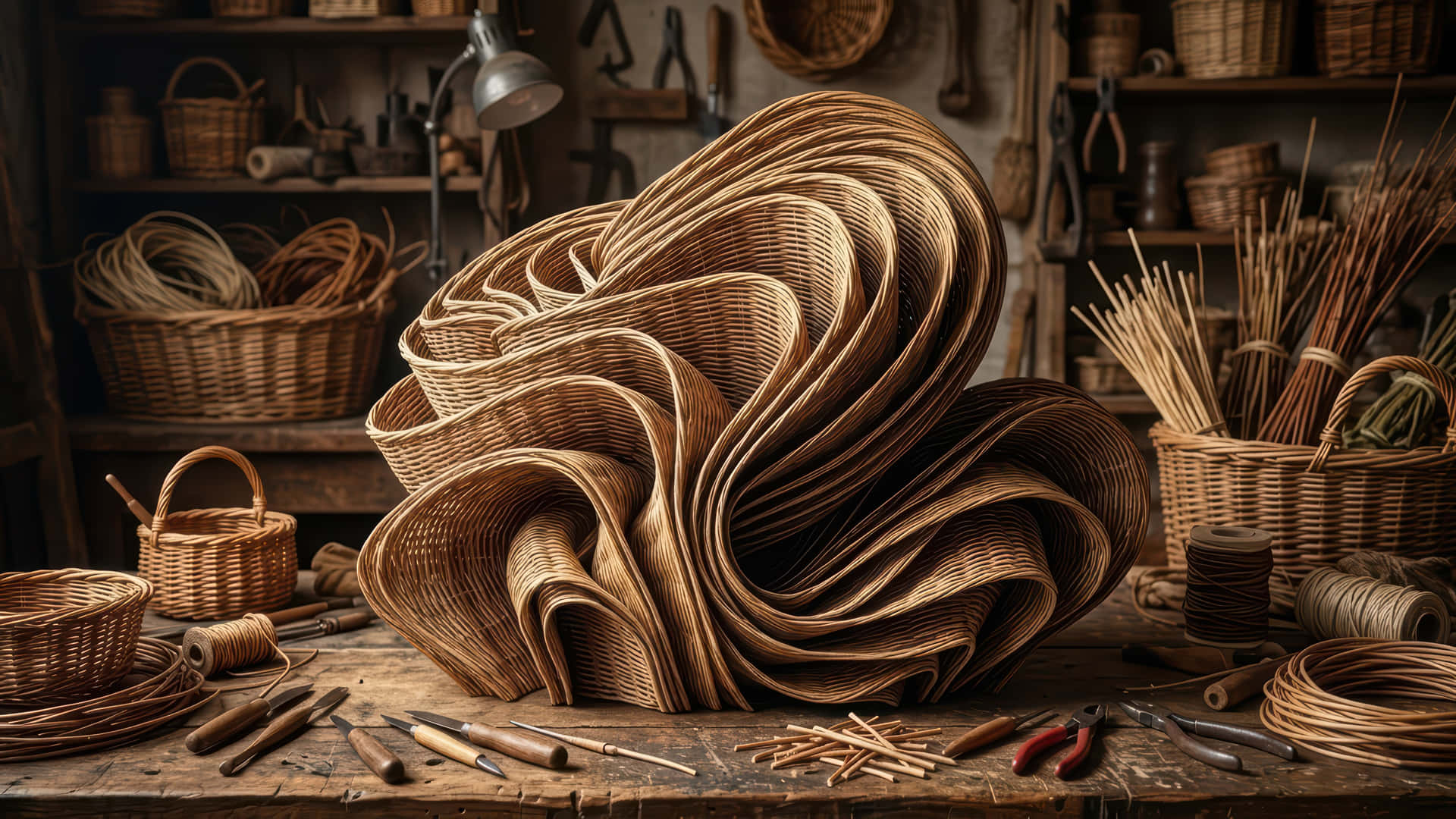 Wicker bloom in a handcrafts workshop modded wallpaper for desktop Enhancementork 壁紙 — 一件大型雕塑式柳條作品在木製工作台上戲劇性地旋轉，周圍環繞著籃子、工具和原材料，身處鄉村風格的工作室。