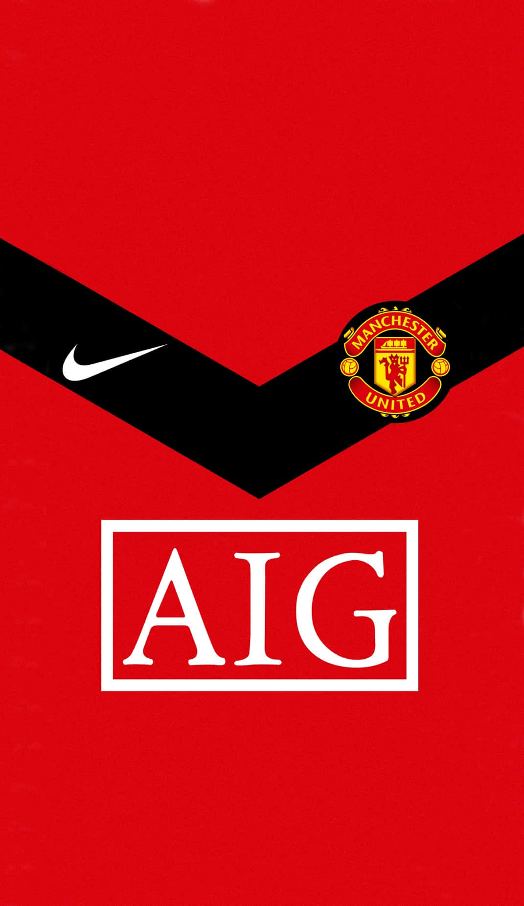Manchester United iPhone 桌布 壁紙 — 一件大膽的紅色曼聯足球球衣，黑色V領，Nike勾勾，隊徽及AIG贊助商標誌。