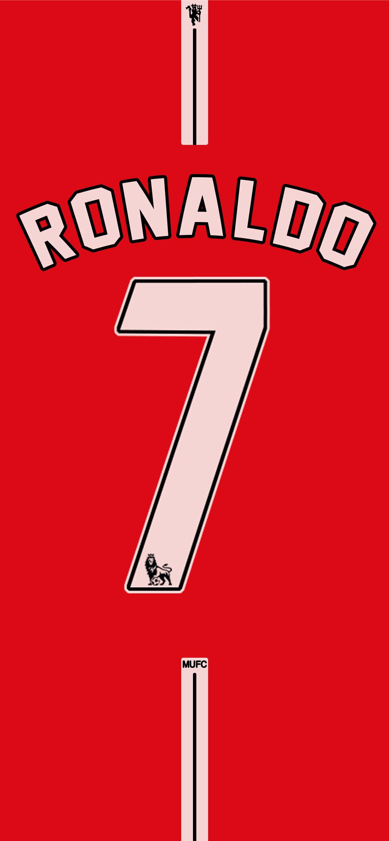 Manchester United iPhone 桌布 壁紙 — 一件大膽的紅色足球球衣背面，帶有白色輪廓文字的「RONALDO」和號碼「7」，並有一個小型會徽。