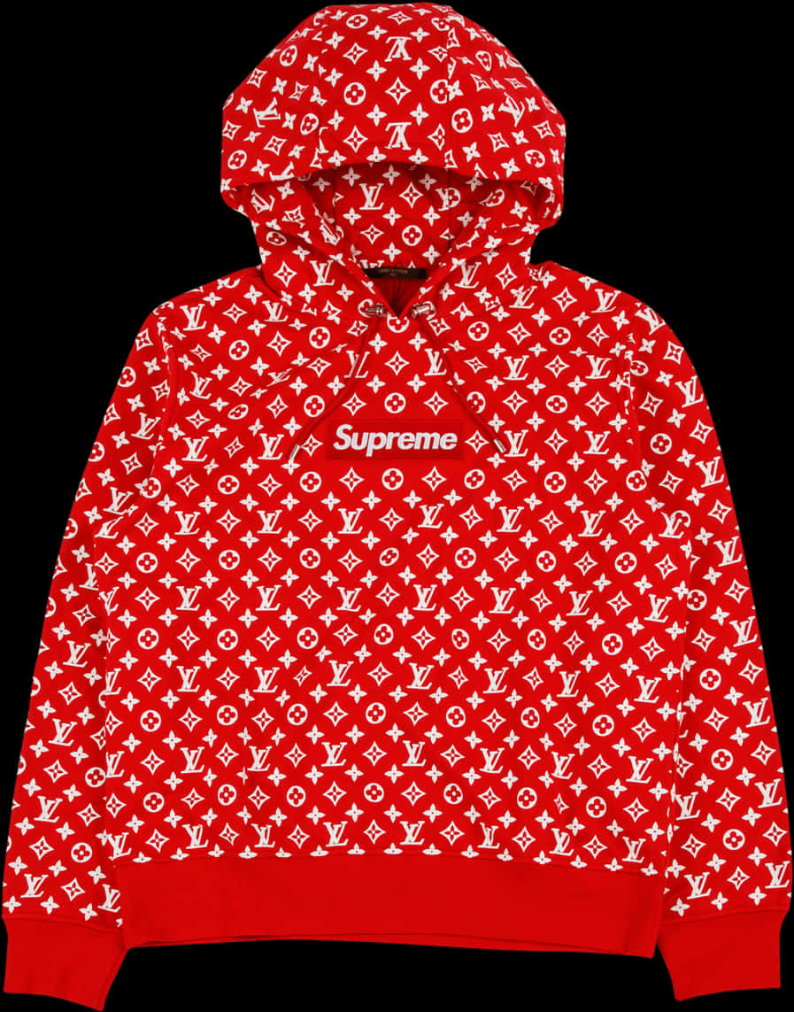Louis Vuitton Logo 桌布 壁紙 — 一件大膽的紅色連帽上衣，覆蓋著白色Louis Vuitton Monogram印花，中央有Supreme標誌。