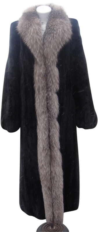 Coat 桌布 壁紙 — 一件奢華的黑色毛皮大衣，配有豐盈的銀灰色毛皮領子和相配的前襟飾邊，展示在人體模型上。