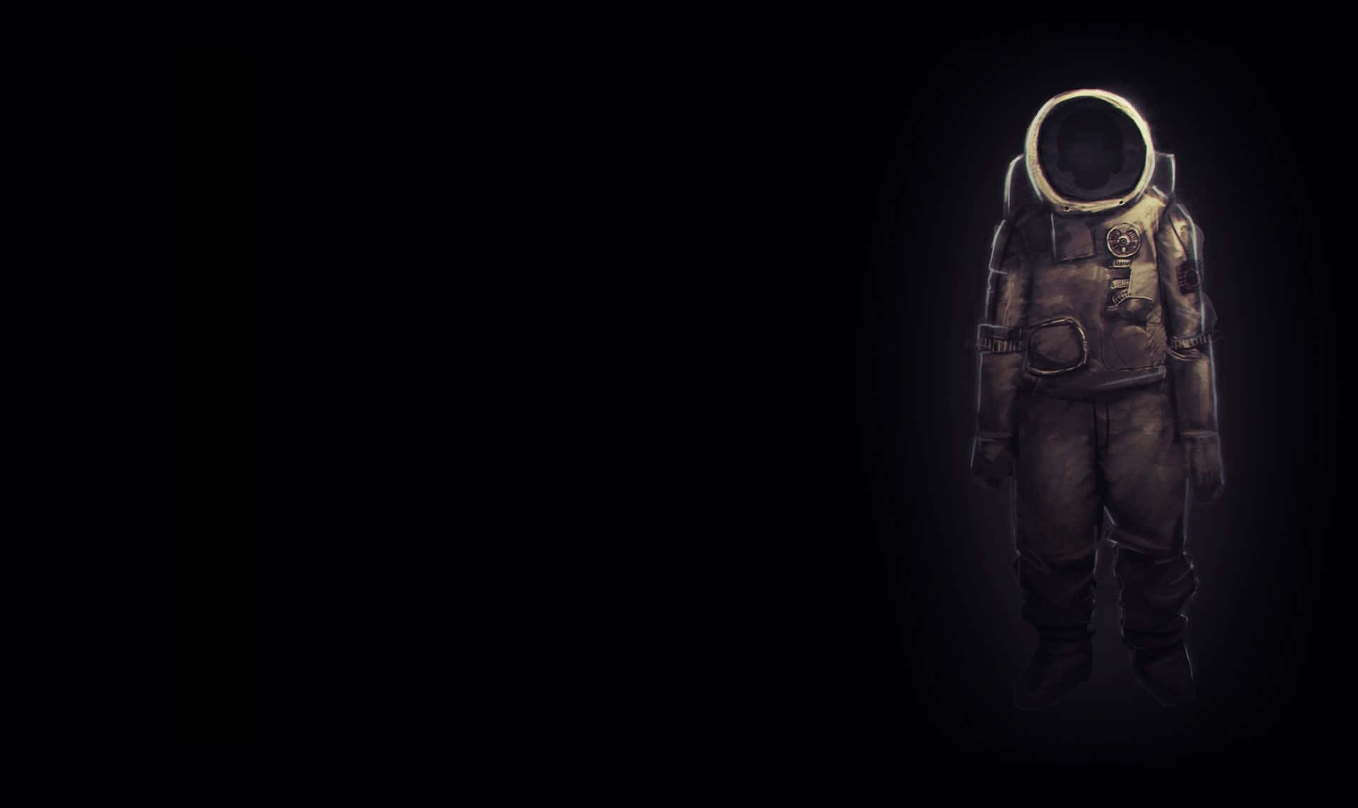 Astronaut Desktop 桌布 壁紙 — 一件孤獨、風化的太空衣漂浮在黑暗中，被柔和的聚光燈照亮，背景虛空。