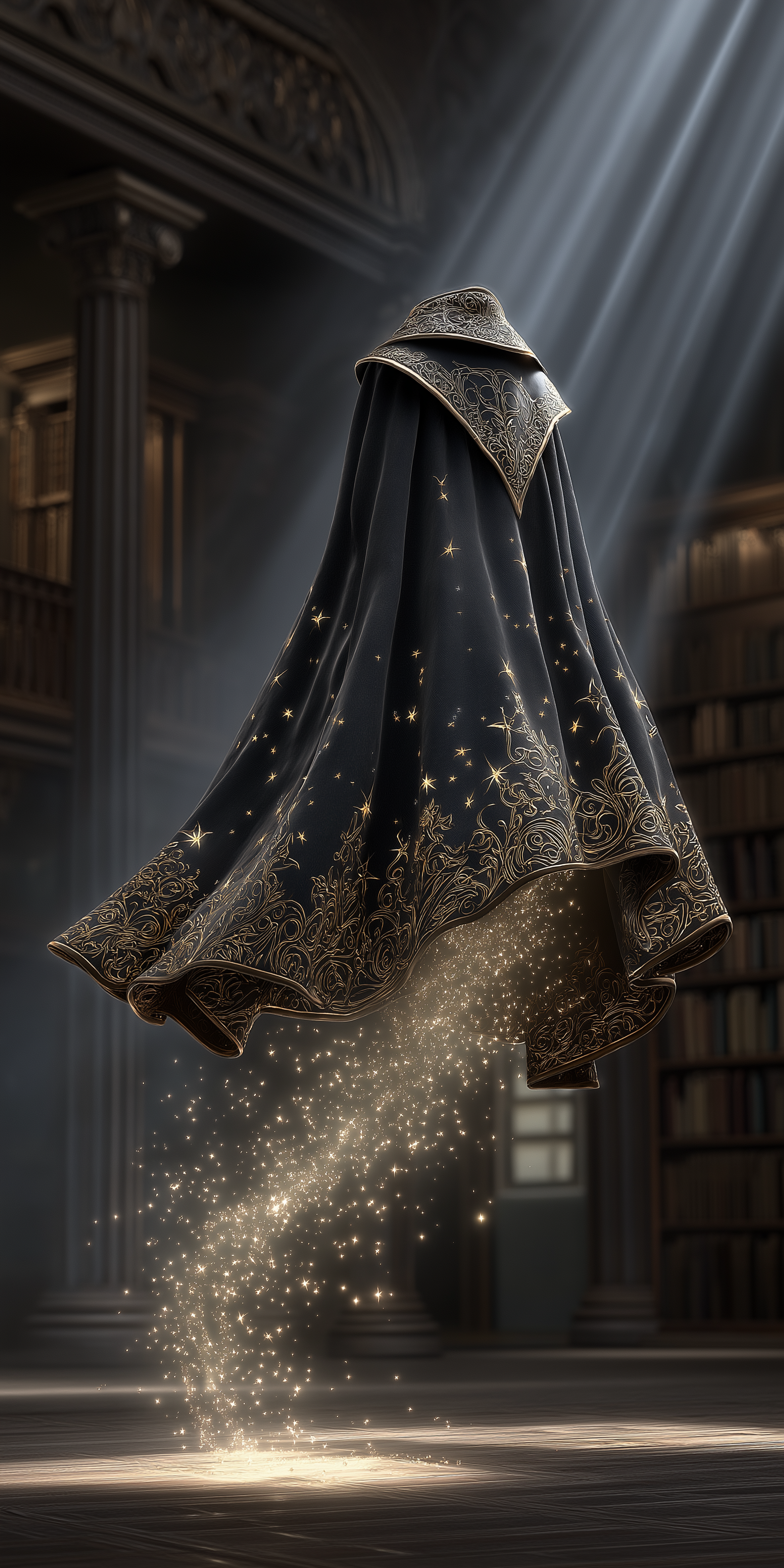 Cloak 桌布 壁紙 — 一件帶有金色刺繡和閃爍星星的漂浮黑色斗篷，在陽光照耀的圖書館中飄動，灰塵微粒在其下方旋轉。