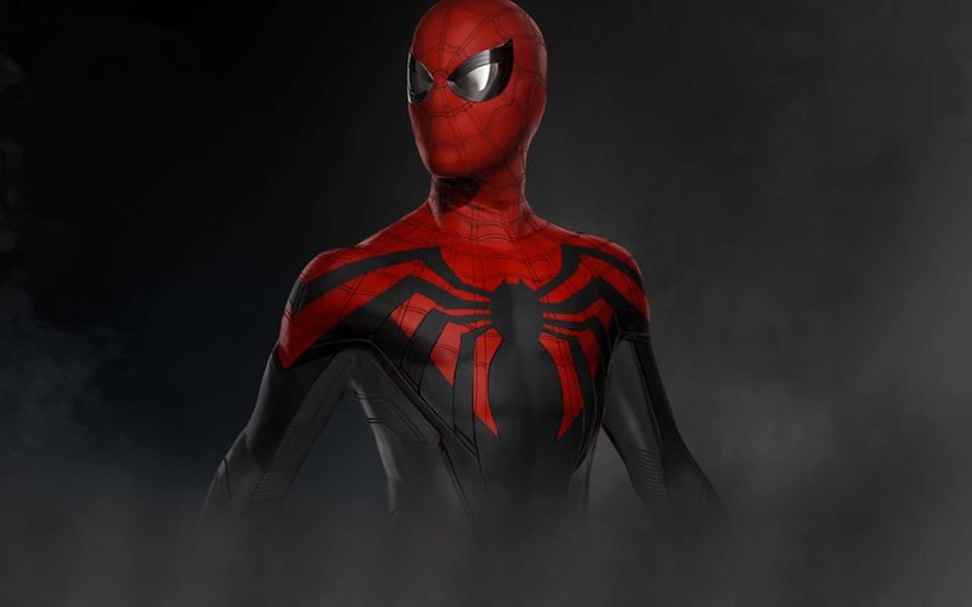 Best Spider Man 桌布 壁紙 — 一件帶有銀色發光眼睛的紅黑色蜘蛛戰衣，矗立在煙霧瀰漫的黑暗中，氣勢逼人。