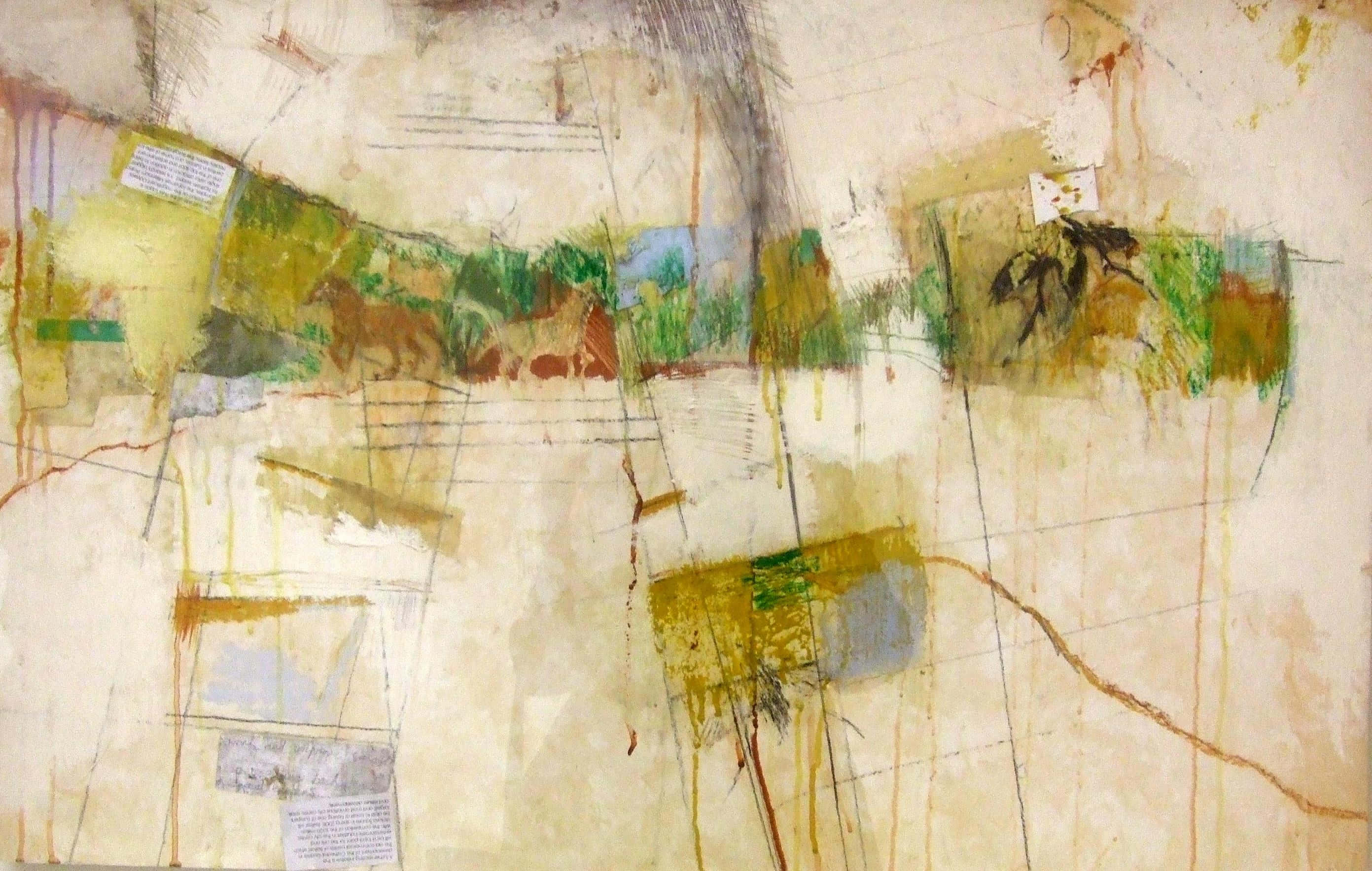 Mixed Media 桌布 壁紙 — 一件抽象混合媒材藝術作品，在帶有紋理的米色背景上呈現層疊的顏料滴落和拼貼元素。
