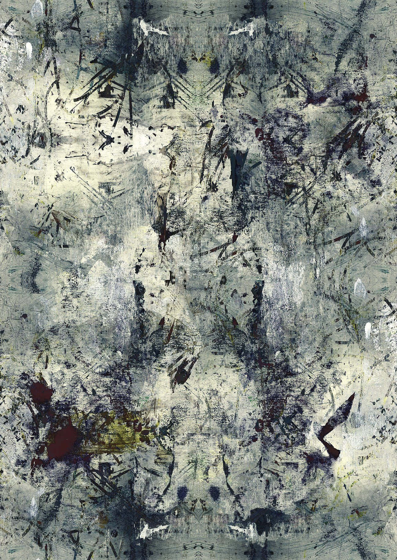 Abstract Expressionism 桌布 壁紙 — 一件抽象紋理藝術品，帶有分層的筆觸和潑濺，採用柔和的灰色、白色以及紅色和金色的點綴。