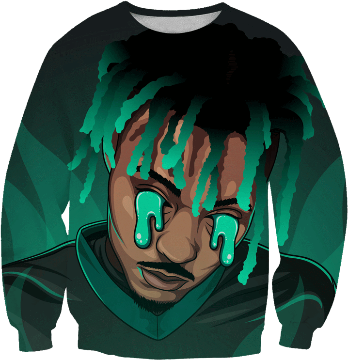 Juice WRLD 桌布 壁紙 — 一件數位藝術連帽衫，上面有風格化的臉孔，流著發光的綠色眼淚，並有綠色辮子，背景是深藍綠色。