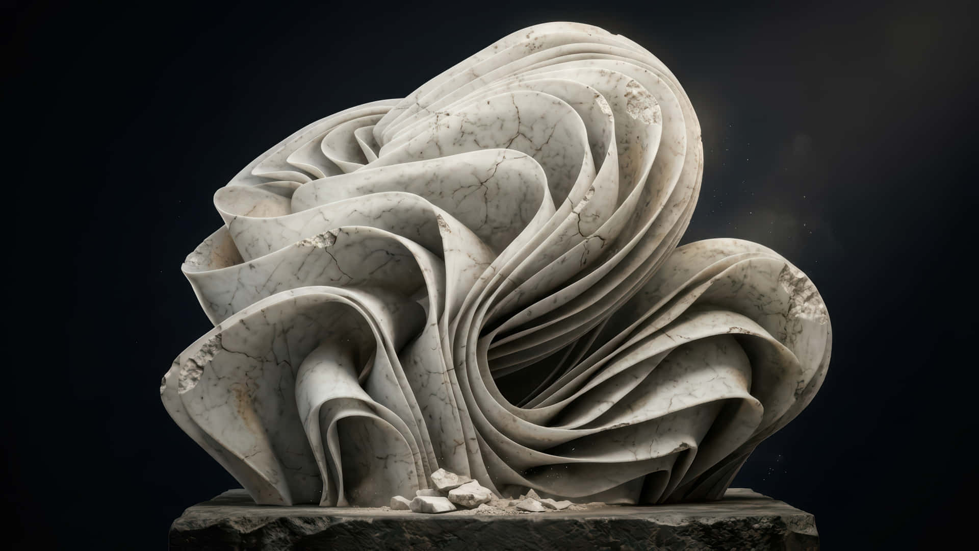 White marble Bloom modded wallpaper for desktop Enhancement, 壁紙 — 一件旋轉的抽象大理石雕塑，帶有層疊的波紋和裂縫，立於粗糙的石基座上，背景為深色。