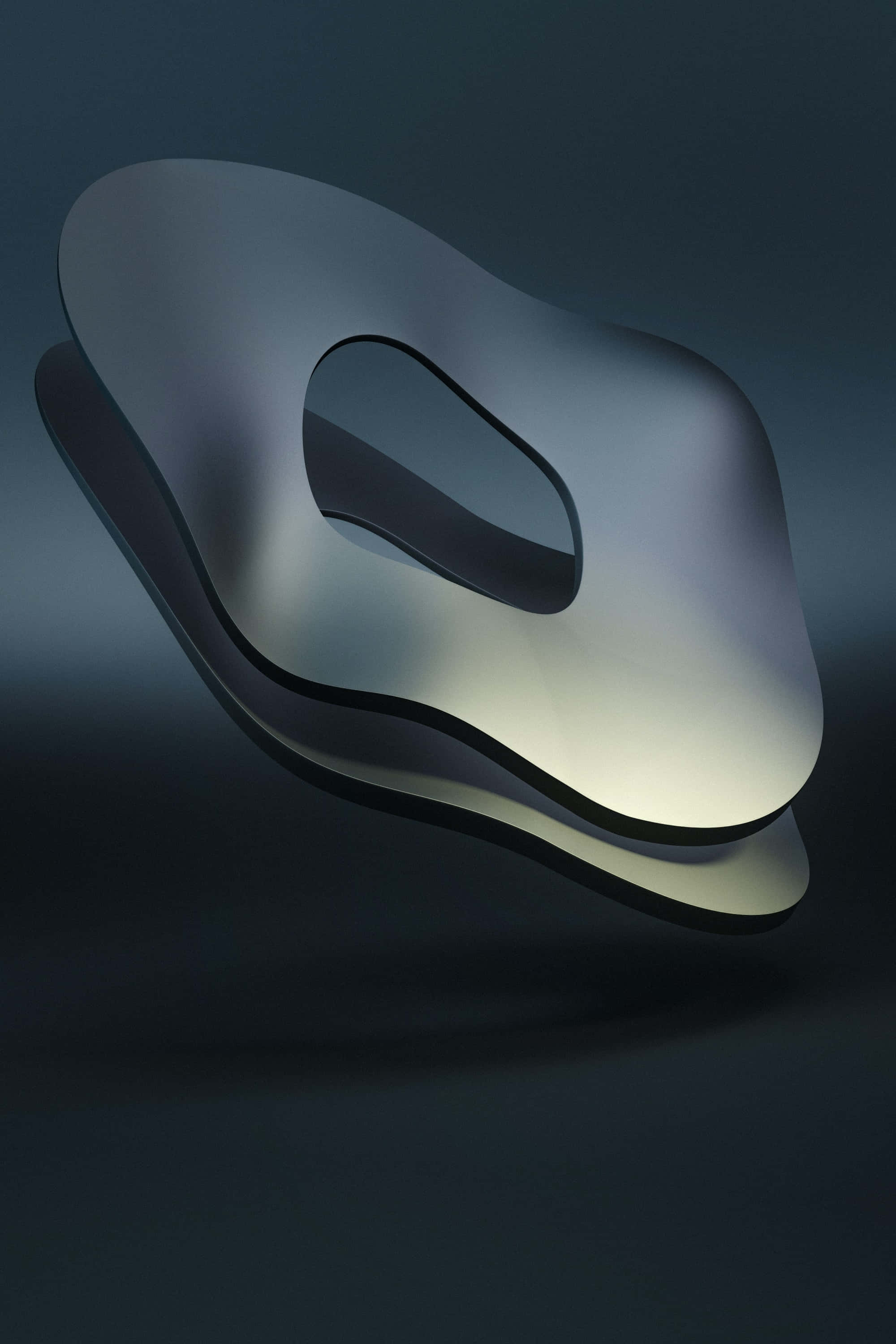 3D 桌布 壁紙 — 一件時尚的抽象雕塑，具有平滑的曲線和發光的內緣，漂浮在深色漸變背景上。