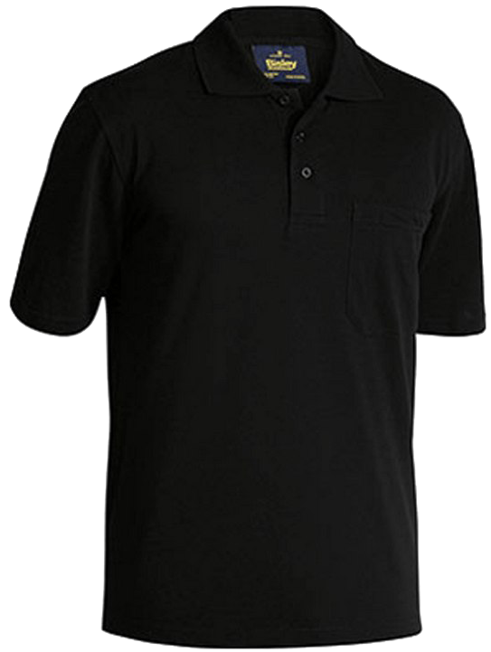 Polo Shirt 桌布 壁紙 — 一件時尚的黑色Polo衫，帶有胸前口袋和領口鈕扣，展示在純色背景上。