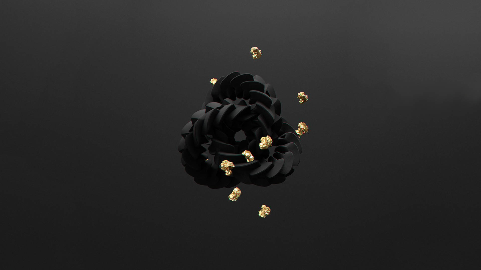 Minimalist Flower Computer 桌布 壁紙 — 一件時尚的黑色幾何雕塑，帶有散落的金色元素，在深色漸變背景上漂浮。