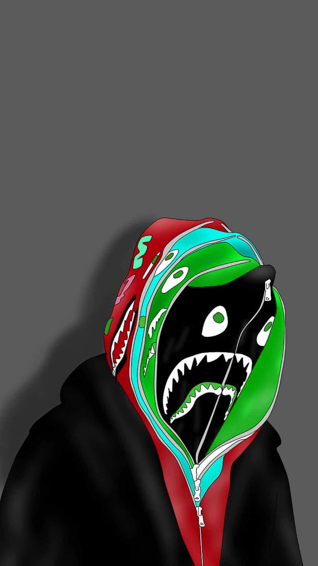 Bape iPhone 桌布 壁紙 — 一件時尚連帽上衣，帽子上有鯊魚頭拉鍊頭和色彩繽紛的鯊魚圖案，背景為純灰色。