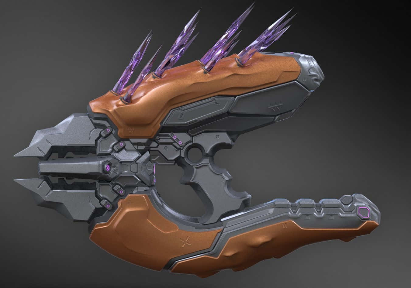 Halo Needler 桌布 壁紙 — 一件未來風格的武器，配有青銅和灰色裝甲，以及發光的紫色尖刺，背景為深灰色。