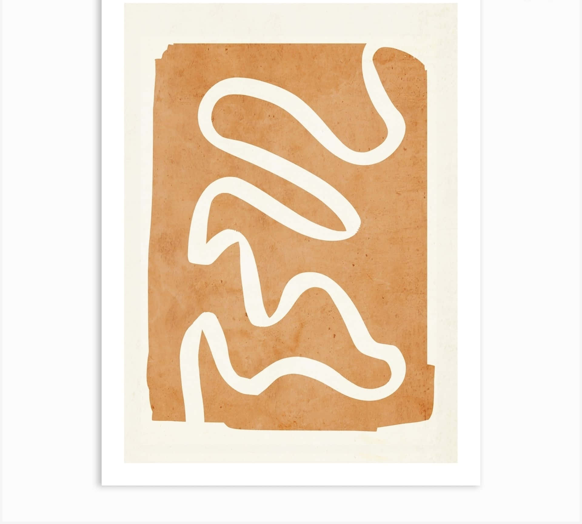 Minimalist Painting 桌布 壁紙 — 一件極簡抽象藝術作品，在奶油色背景上，一個帶紋理的陶土色矩形上繪有大膽的白色波浪線條。