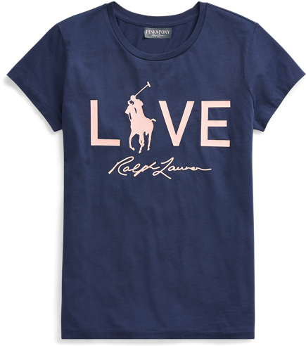 ralph lauren 桌布 壁紙 — 一件海軍藍色Ralph Lauren T恤，帶有粉紅色馬球球員標誌形成LOVE字樣，下方有簽名。