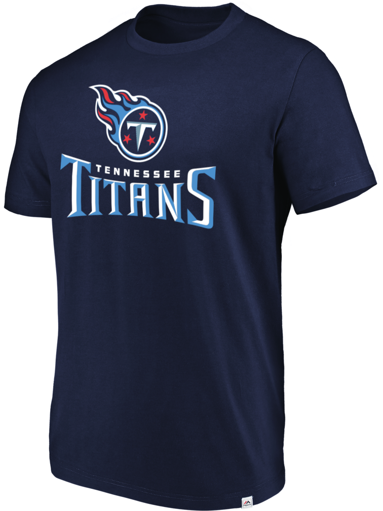 Tennessee Titans 桌布 壁紙 — 一件海軍藍色田納西泰坦T恤，帶有白色肩條紋和球隊標誌，展示在黑色背景上。