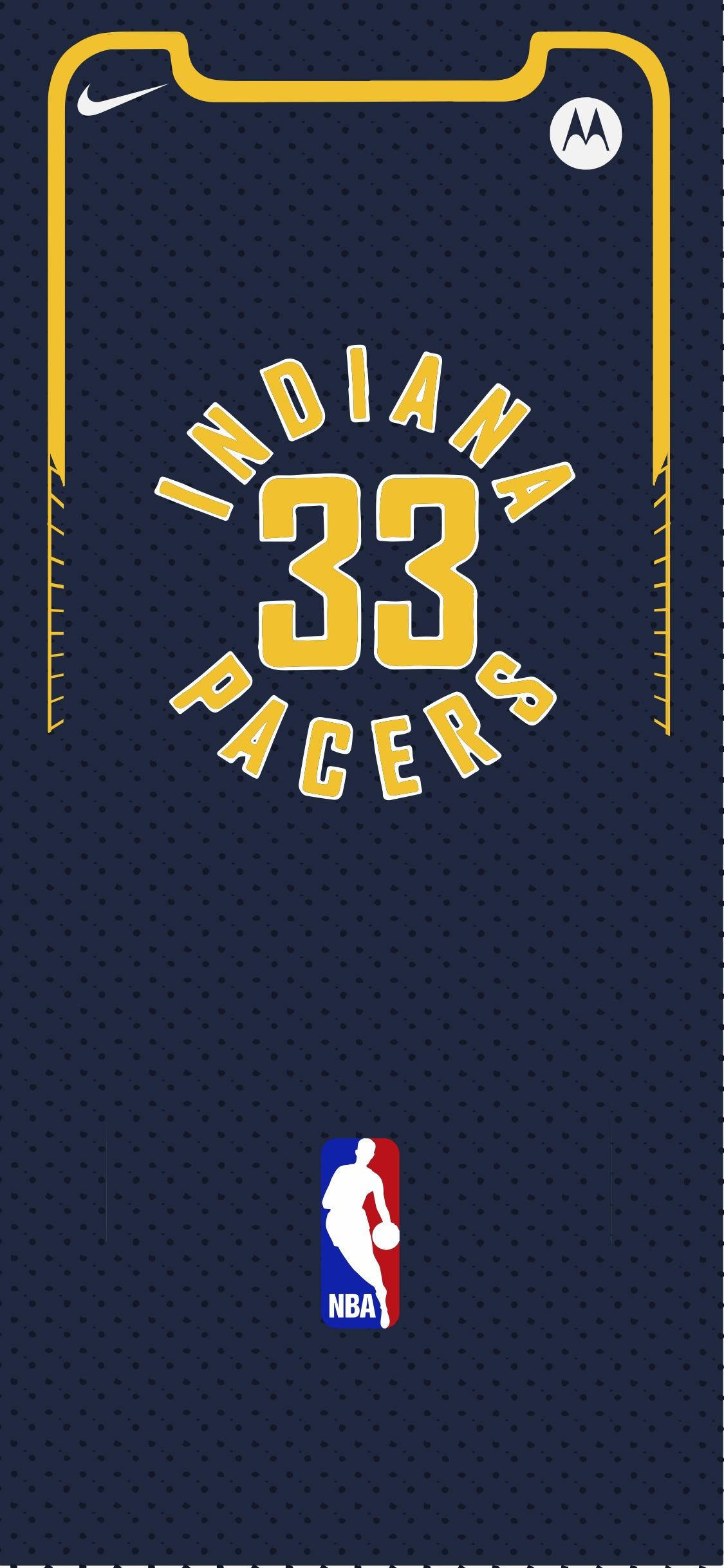 Pacers 桌布 壁紙 — 一件海軍藍色籃球球衣，上面有黃色 'INDIANA PACERS 33' 文字和NBA標誌，背景為電話形狀。