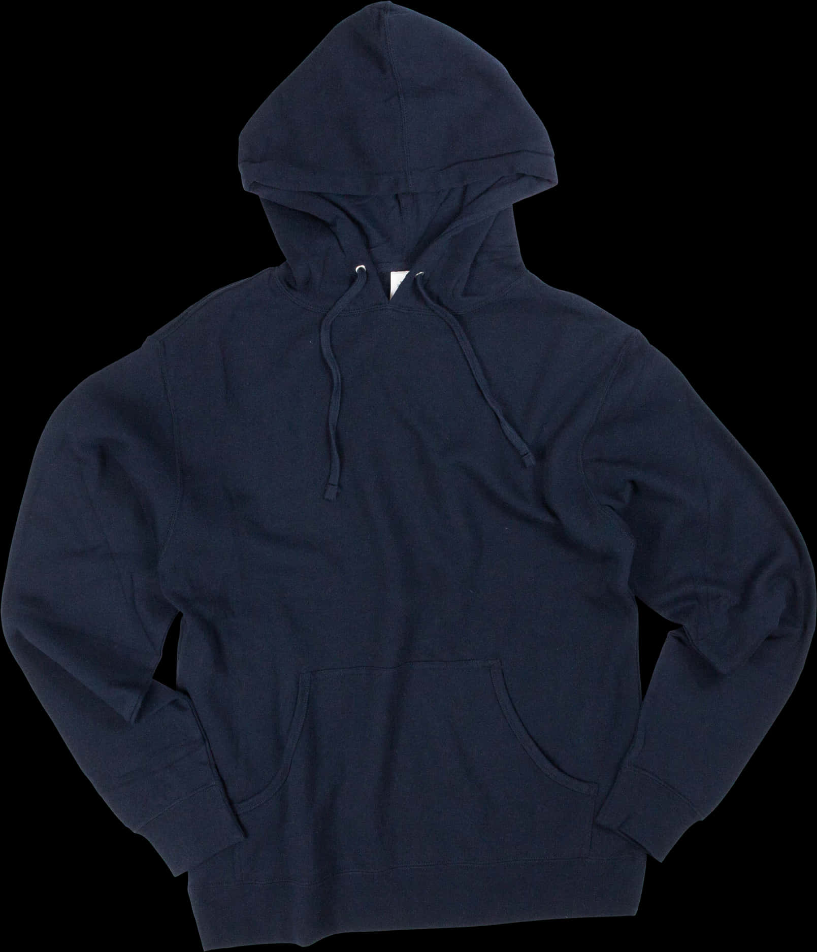 Clothes 桌布 壁紙 — 一件海軍藍色連帽上衣，帶有抽繩和前口袋，展示在純黑色背景上。