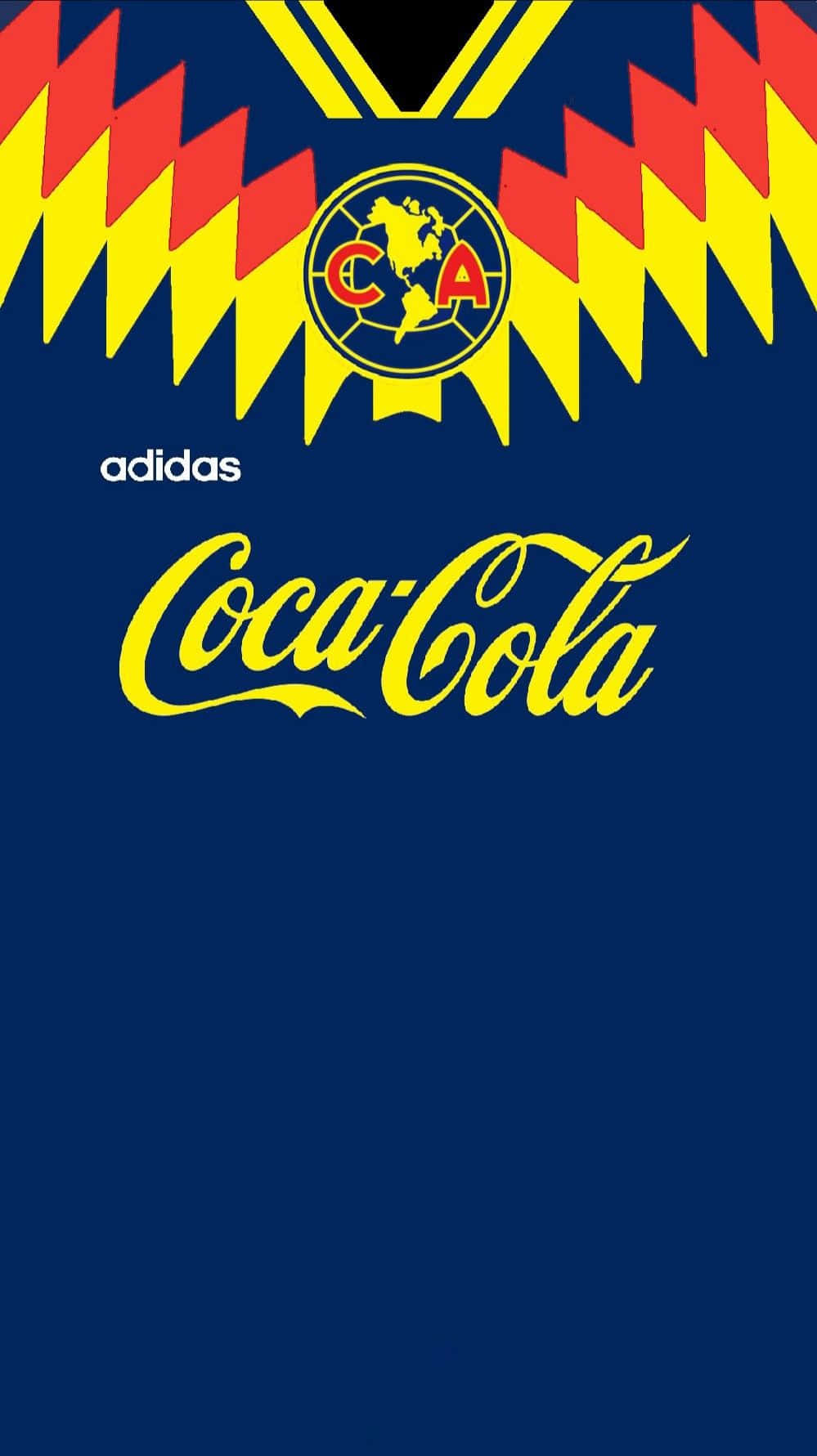 Club America 桌布 壁紙 — 一件海軍藍色運動球衣，帶有紅色和黃色鋸齒圖案，中央有包含可口可樂和愛迪達標誌的會徽。