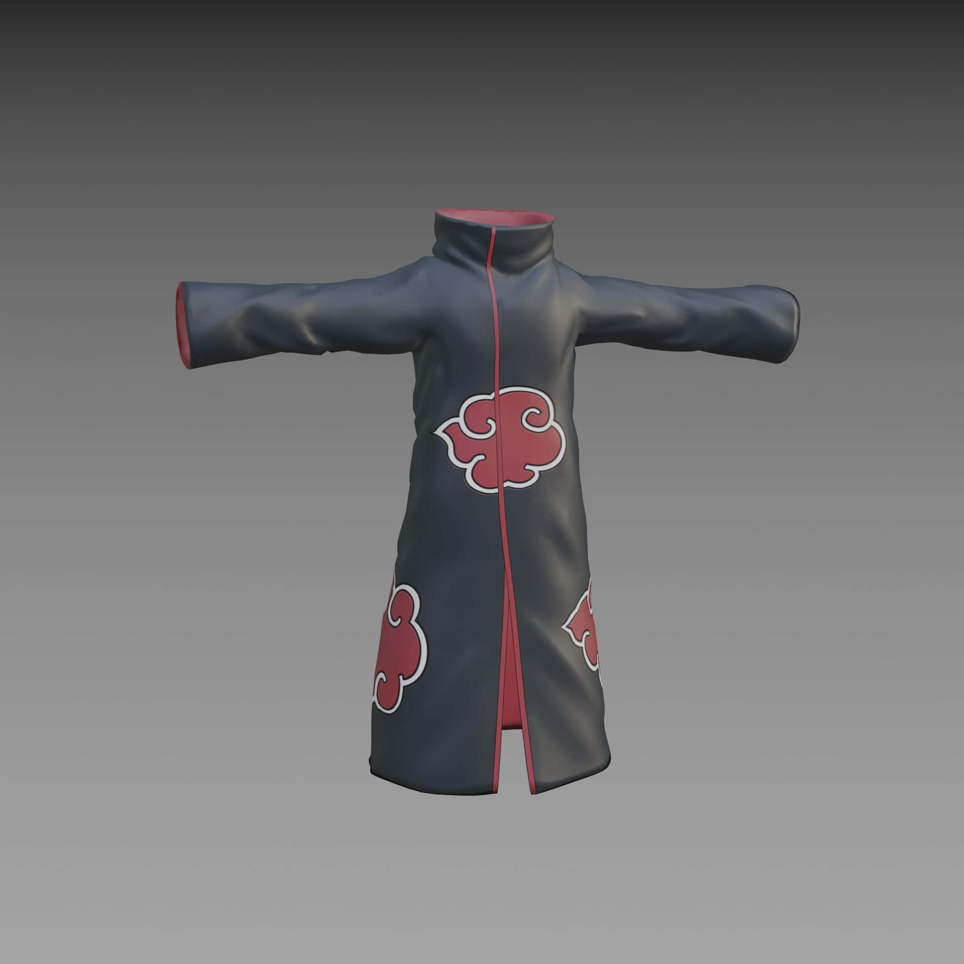 Akatsuki Symbol 桌布 壁紙 — 一件深灰色的曉組織斗篷，帶有紅色雲紋和紅色內裡，展示在灰色中性背景上。