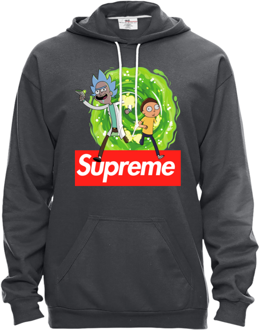supreme 桌布 壁紙 — 一件深灰色連帽上衣，瑞克和莫蒂卡通角色從綠色傳送門中衝出，位於紅色Supreme標誌上方。