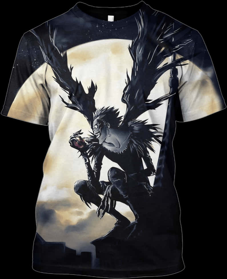Death Note Ryuk 桌布 壁紙 — 一件深色動漫風格T恤，描繪一個有翼惡魔般的人物蹲伏在發光的月亮背景前。