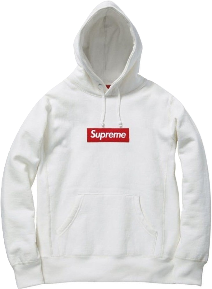 supreme 桌布 壁紙 — 一件清晰的白色 Supreme 連帽上衣，胸前中央有一個大膽的紅色方框標誌，背景為純黑色。