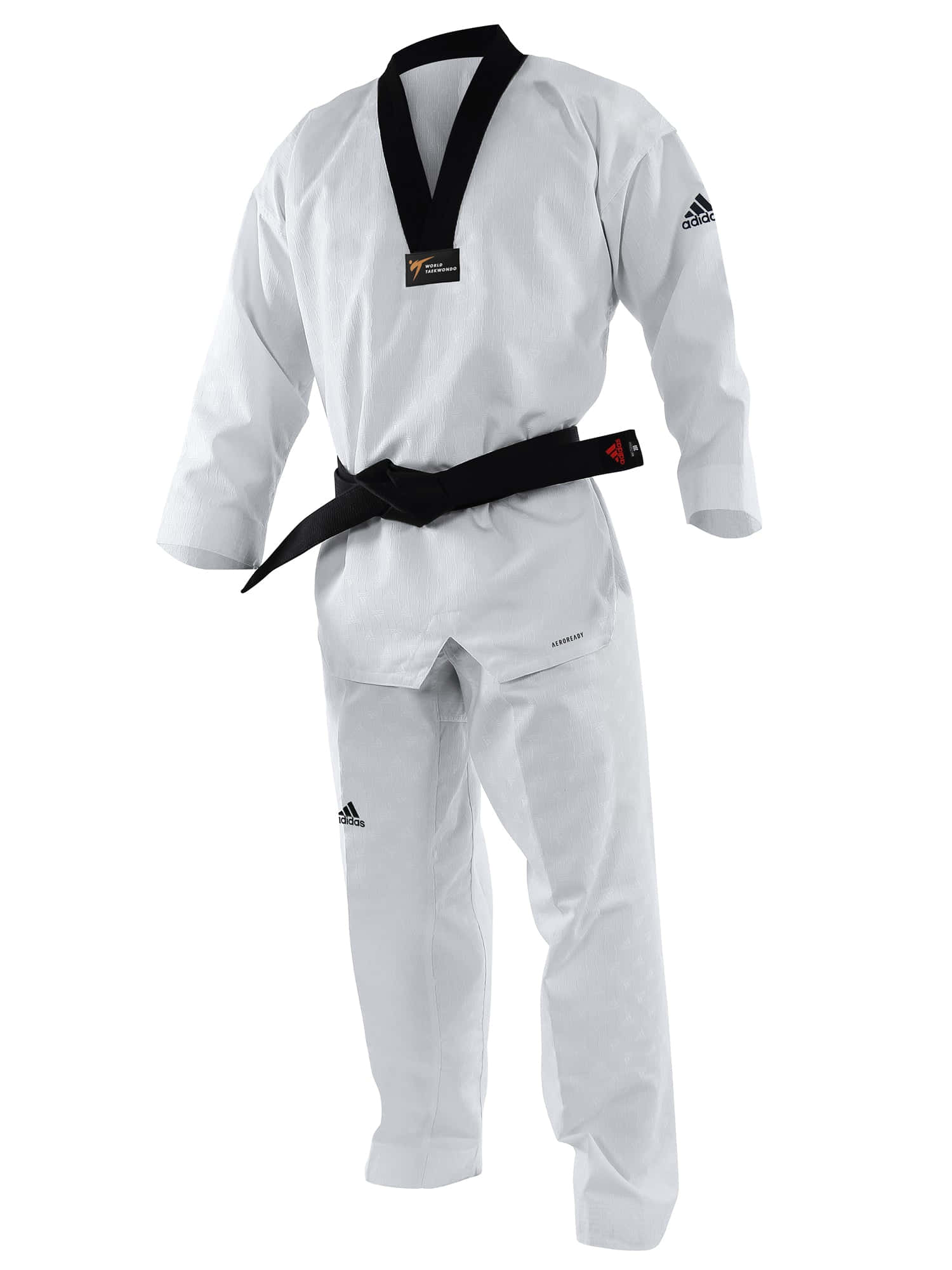 Taekwondo Uniform 桌布 壁紙 — 一件清晰的白色Adidas跆拳道道服，配有黑色腰帶和飾邊，在純白色背景上孤立展示。