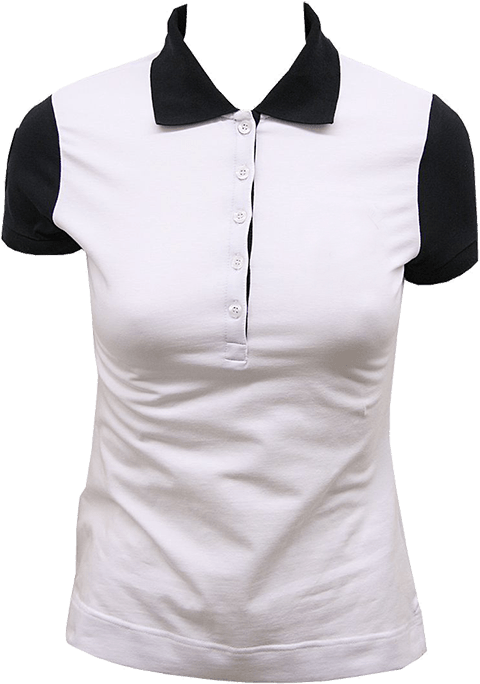 Womens For Shirts 桌布 壁紙 — 一件清爽的白色Polo衫，配有黑色領口和袖子，展示在透明背景的人體模型上。