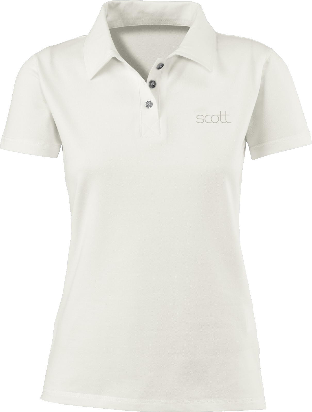 Polo Shirt 桌布 壁紙 — 一件清爽的白色女裝Polo衫，附有領口和三顆鈕扣，左胸位置有一個低調的灰色 'scott' 標誌。