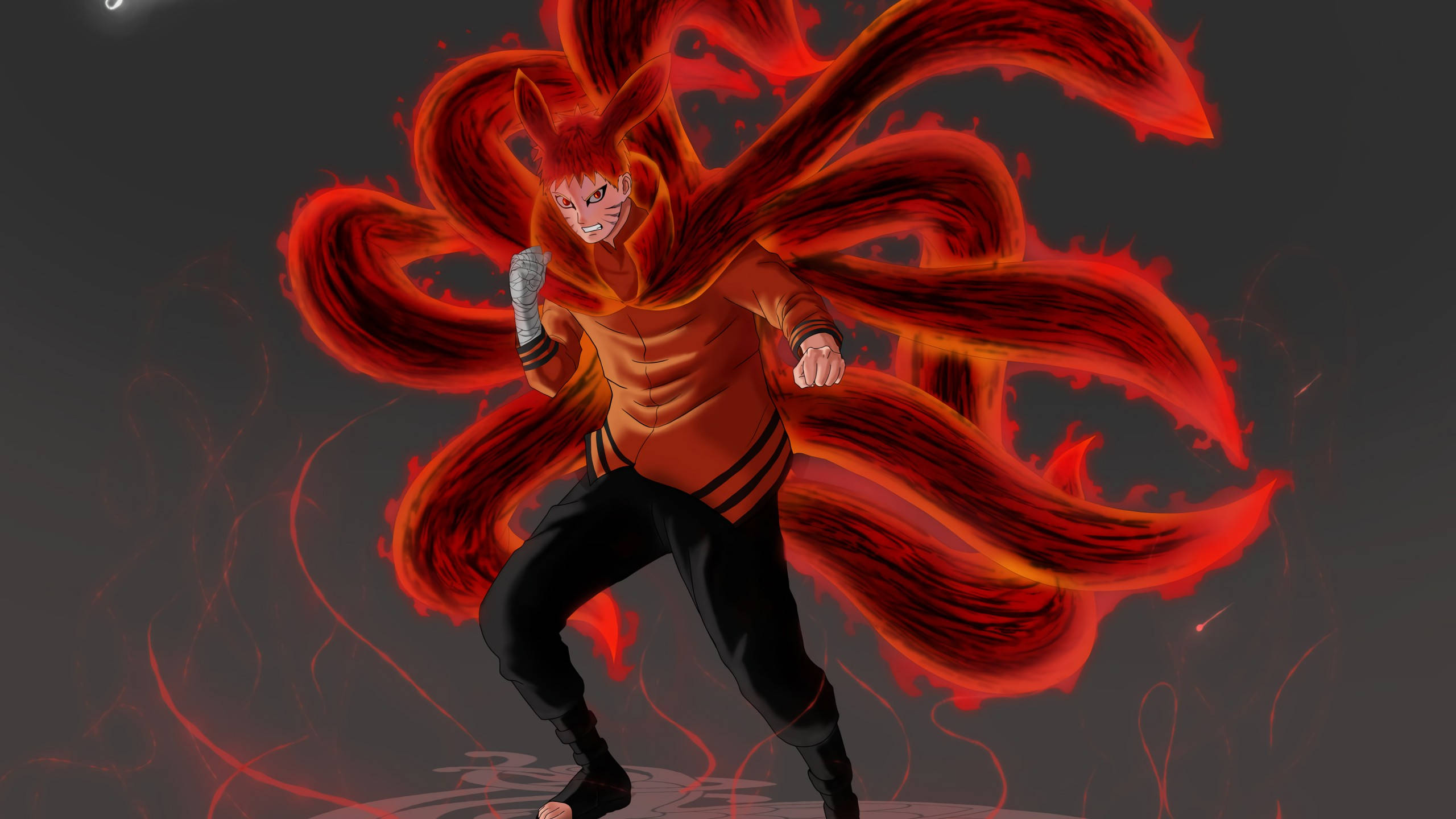 Kurama 桌布 壁紙 — 一件火紅色的九尾狐查克拉斗篷戲劇性地圍繞著一位身穿橙黑色服裝、意志堅定的動漫戰士旋轉。